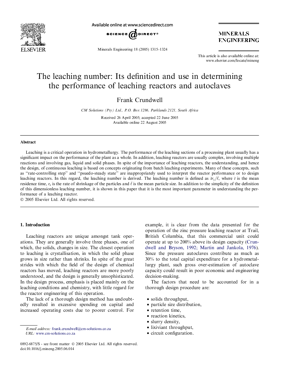 The leaching number: Its definition and use in determining the performance of leaching reactors and autoclaves