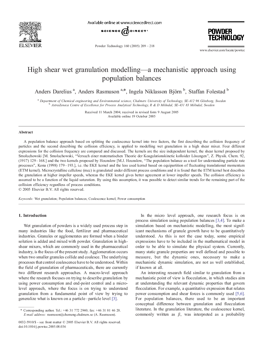 High shear wet granulation modelling-a mechanistic approach using population balances