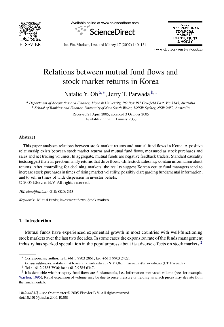 Relations between mutual fund flows and stock market returns in Korea