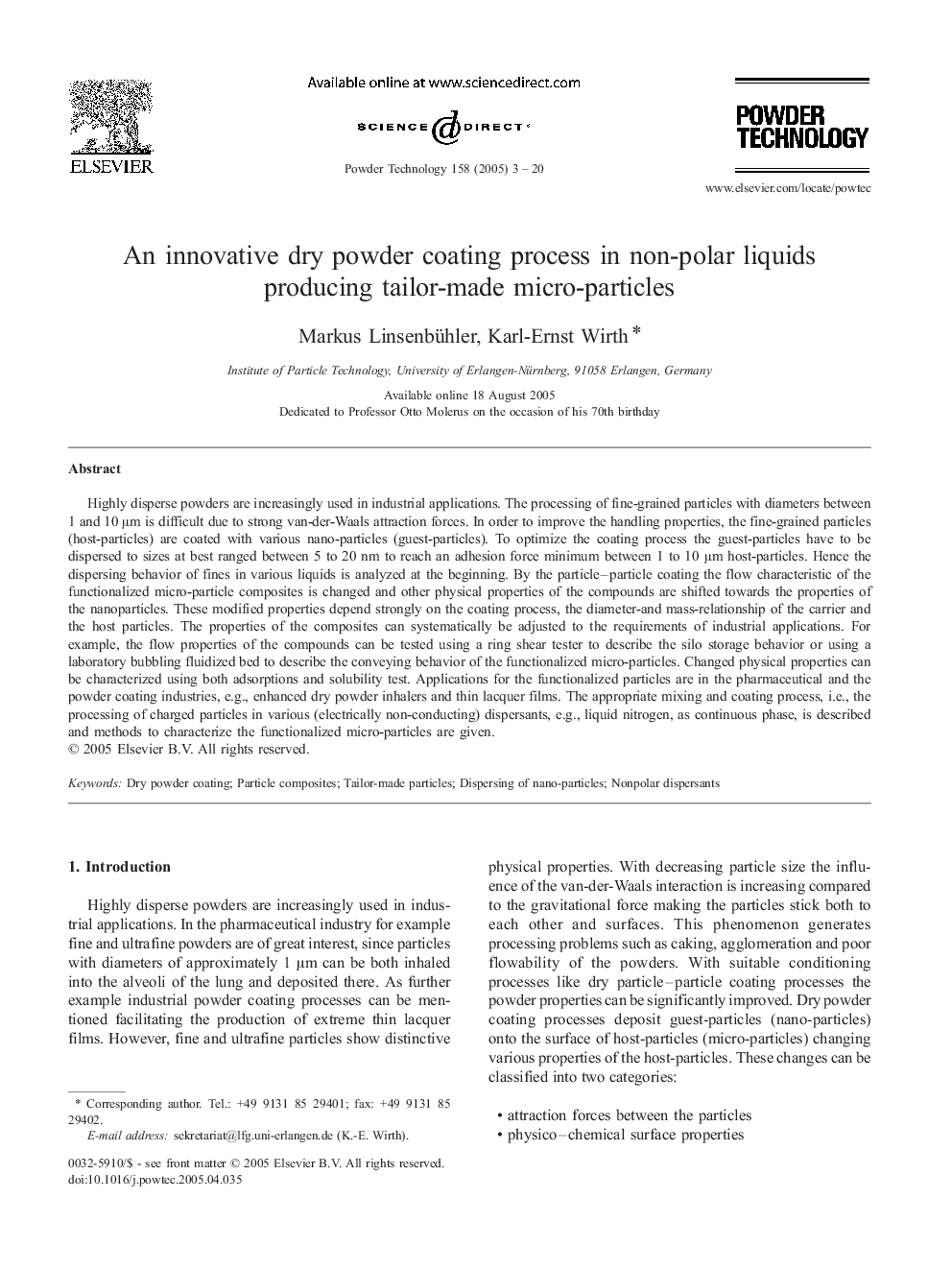 An innovative dry powder coating process in non-polar liquids producing tailor-made micro-particles