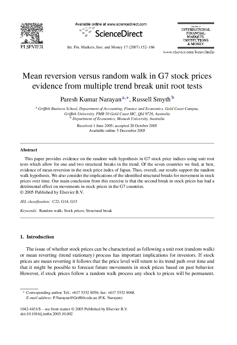 Mean reversion versus random walk in G7 stock prices evidence from multiple trend break unit root tests