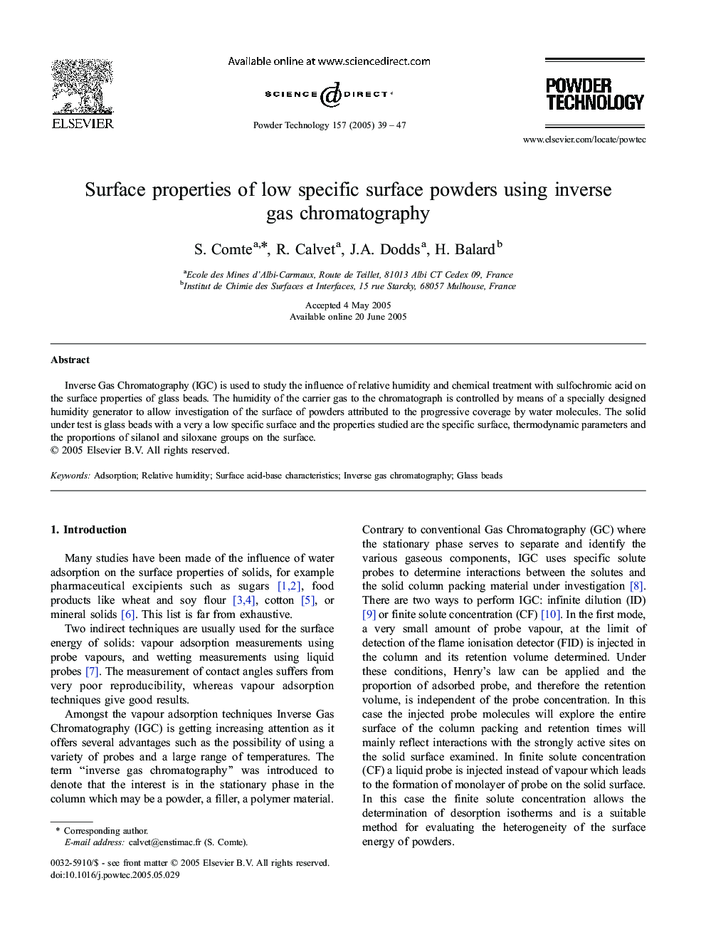 Surface properties of low specific surface powders using inverse gas chromatography