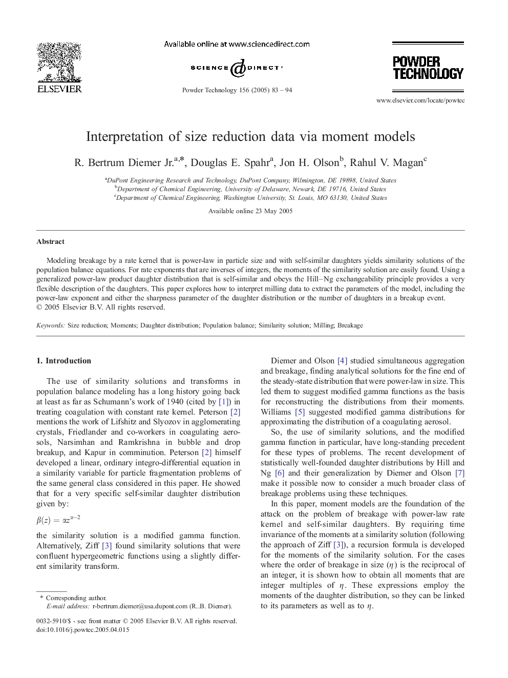 Interpretation of size reduction data via moment models