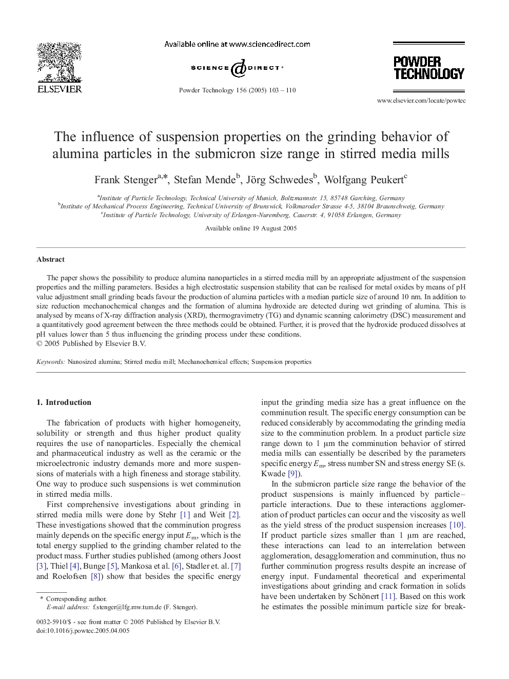 The influence of suspension properties on the grinding behavior of alumina particles in the submicron size range in stirred media mills