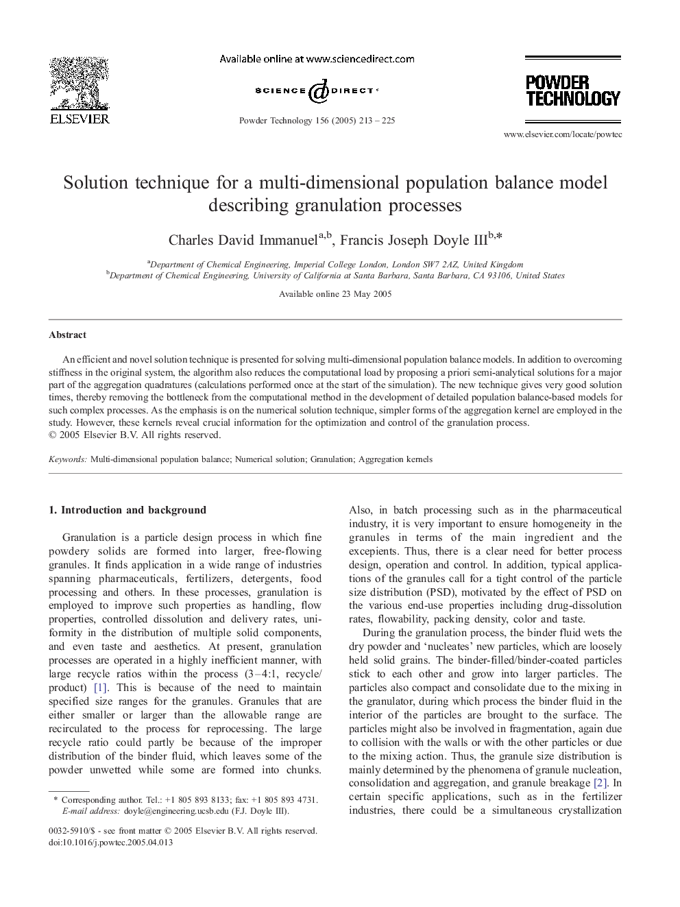 Solution technique for a multi-dimensional population balance model describing granulation processes