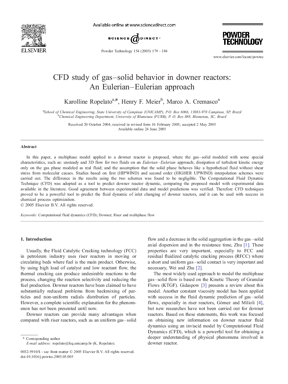 CFD study of gas-solid behavior in downer reactors: An Eulerian-Eulerian approach