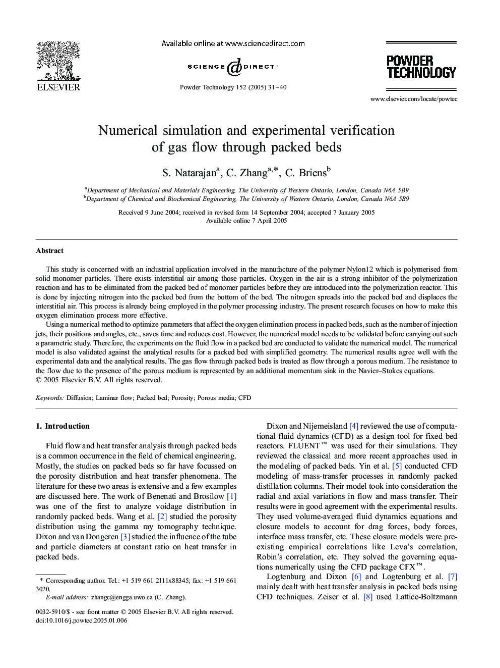 Numerical simulation and experimental verification of gas flow through packed beds