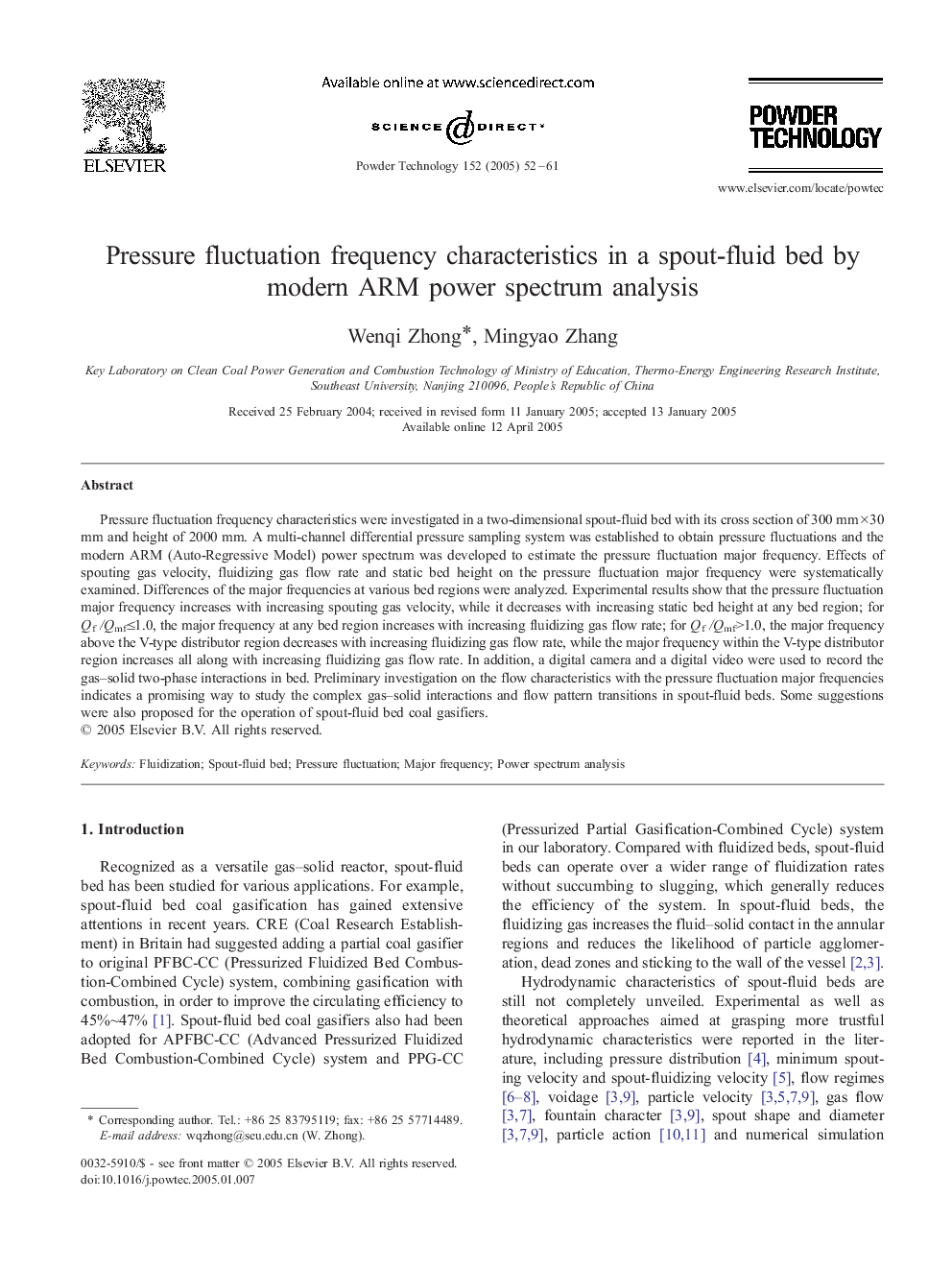 Pressure fluctuation frequency characteristics in a spout-fluid bed by modern ARM power spectrum analysis