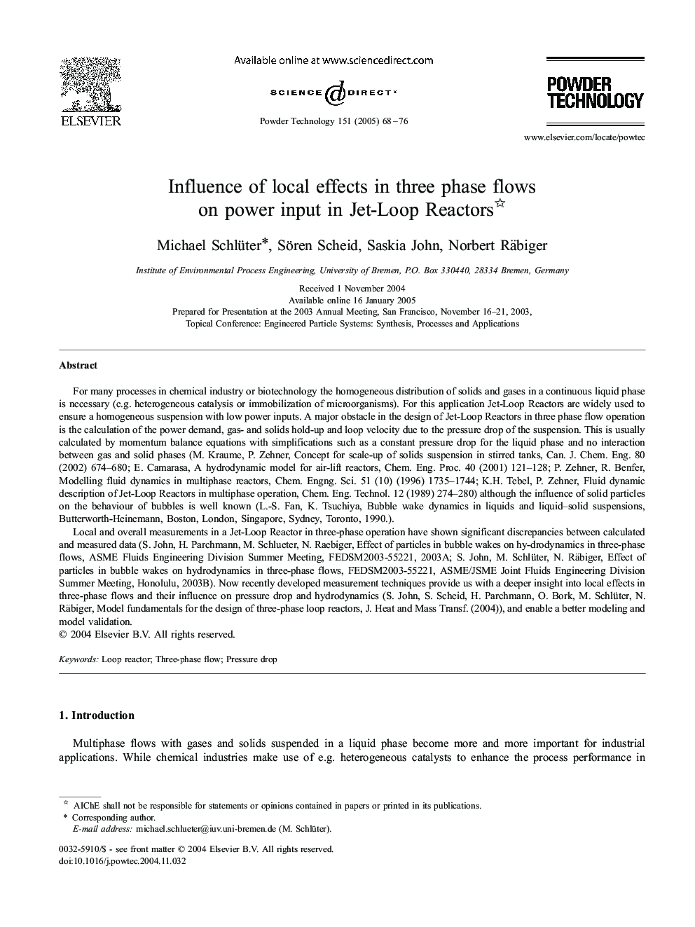 Influence of local effects in three phase flows on power input in Jet-Loop Reactors