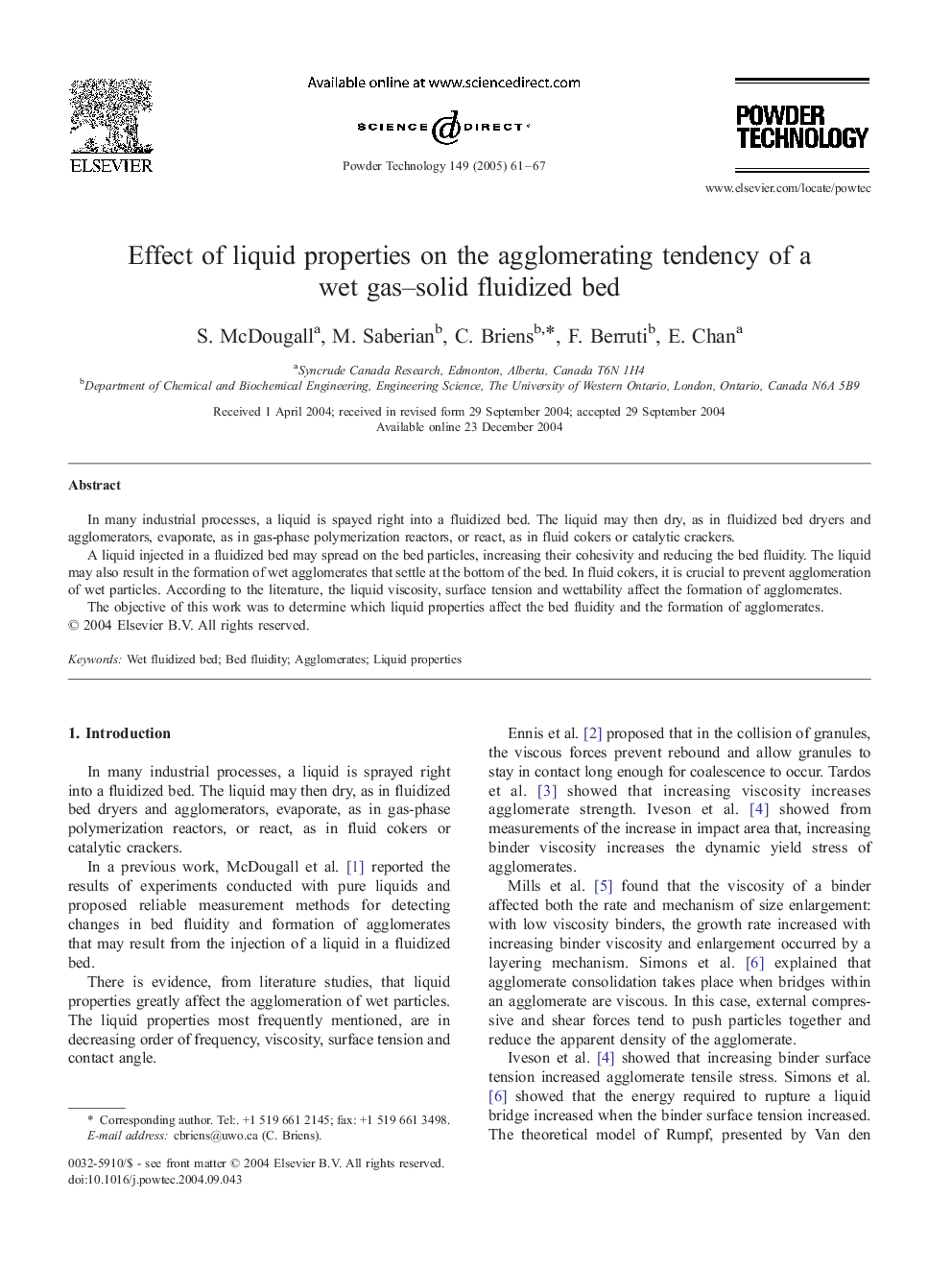 Effect of liquid properties on the agglomerating tendency of a wet gas-solid fluidized bed