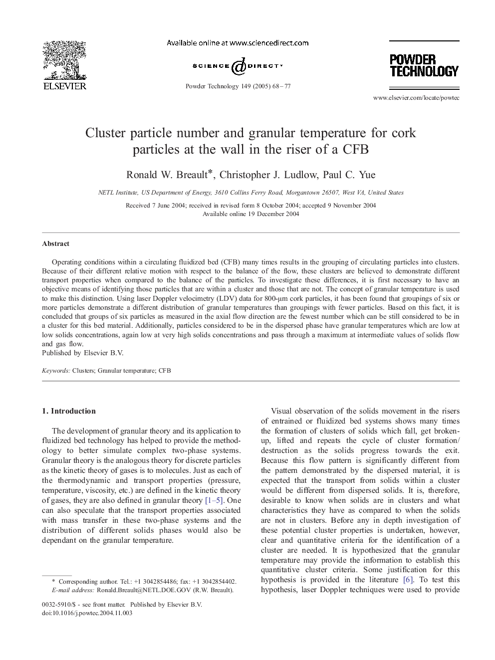 Cluster particle number and granular temperature for cork particles at the wall in the riser of a CFB