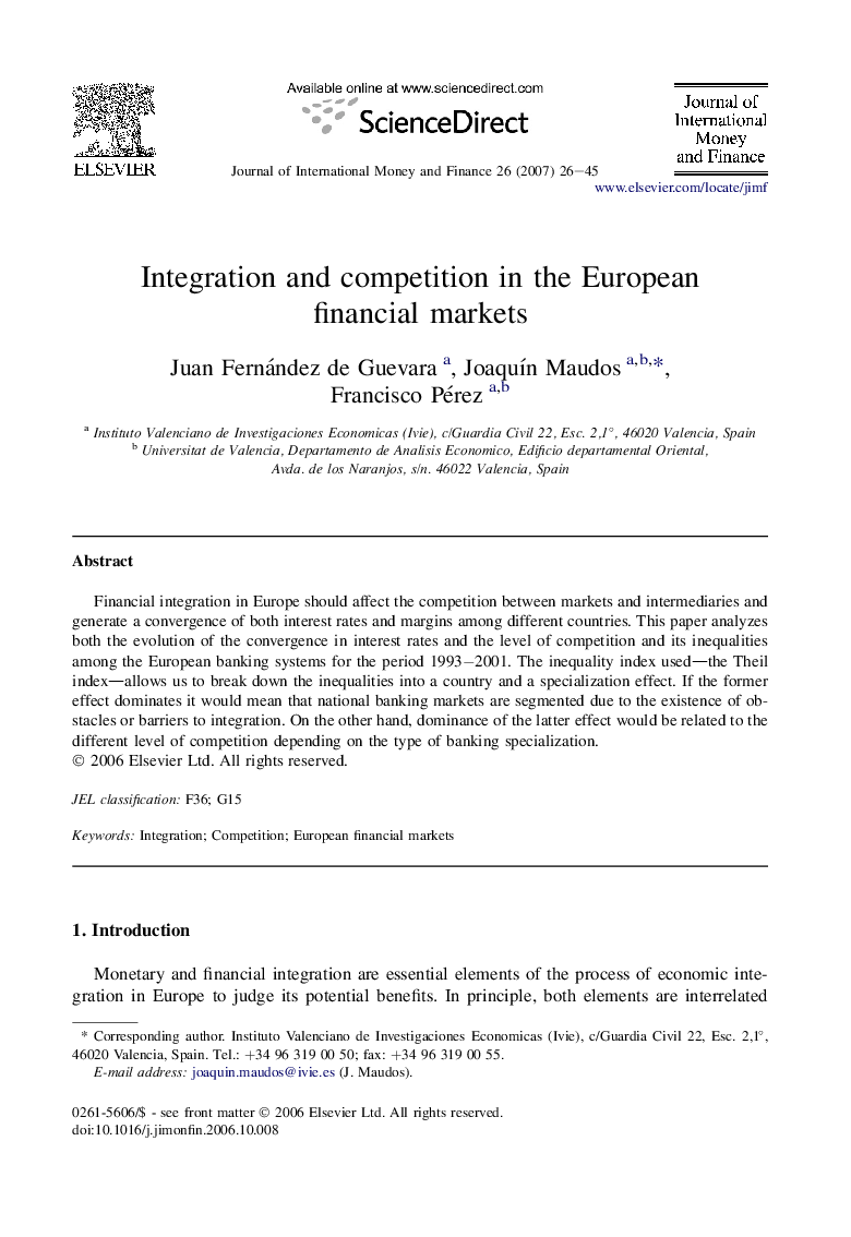 Integration and competition in the European financial markets
