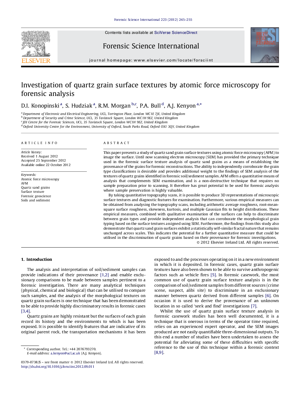 Investigation of quartz grain surface textures by atomic force microscopy for forensic analysis