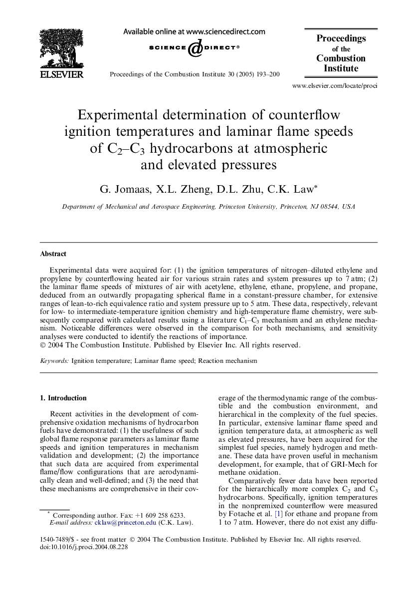 Experimental determination of counterflow ignition temperatures and laminar flame speeds of C2-C3 hydrocarbons at atmospheric and elevated pressures