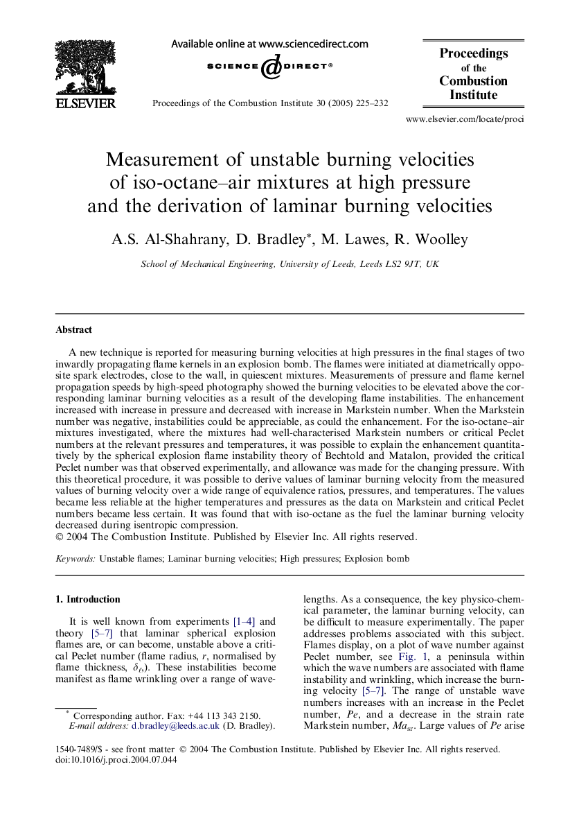 Measurement of unstable burning velocities of iso-octane-air mixtures at high pressure and the derivation of laminar burning velocities