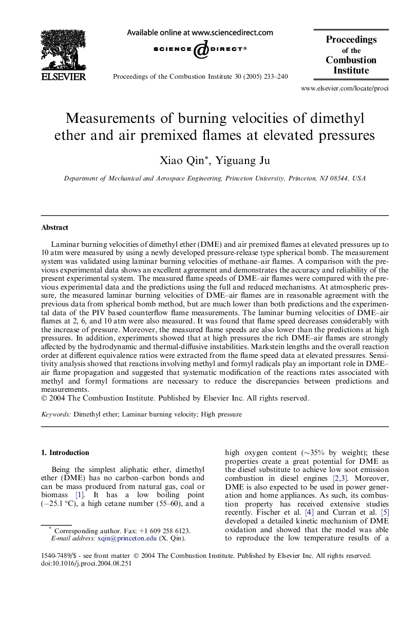 Measurements of burning velocities of dimethyl ether and air premixed flames at elevated pressures