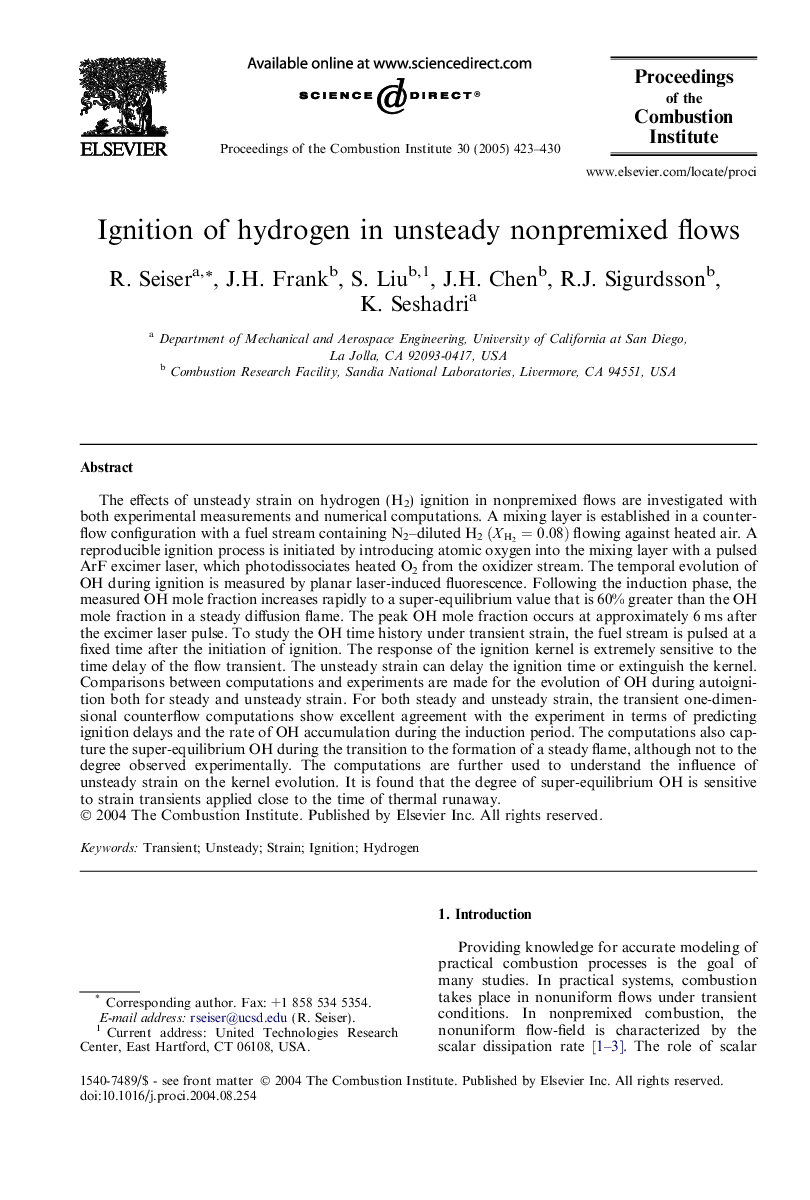 Ignition of hydrogen in unsteady nonpremixed flows