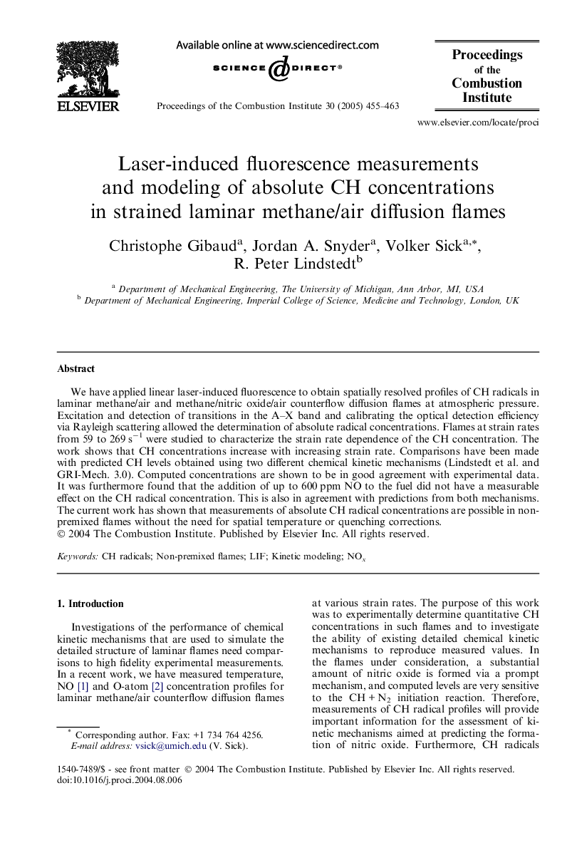 Laser-induced fluorescence measurements and modeling of absolute CH concentrations in strained laminar methane/air diffusion flames