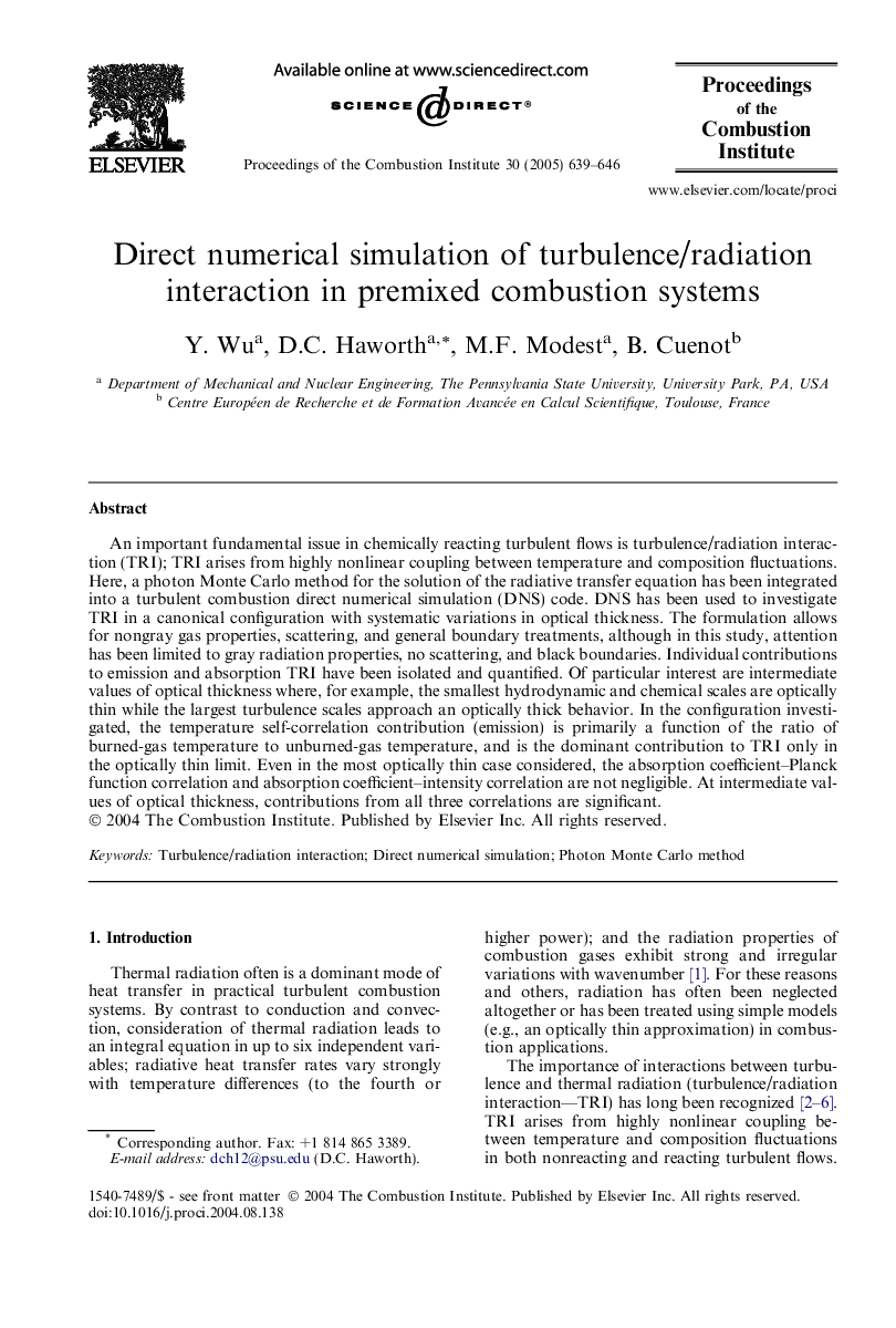 Direct numerical simulation of turbulence/radiation interaction in premixed combustion systems