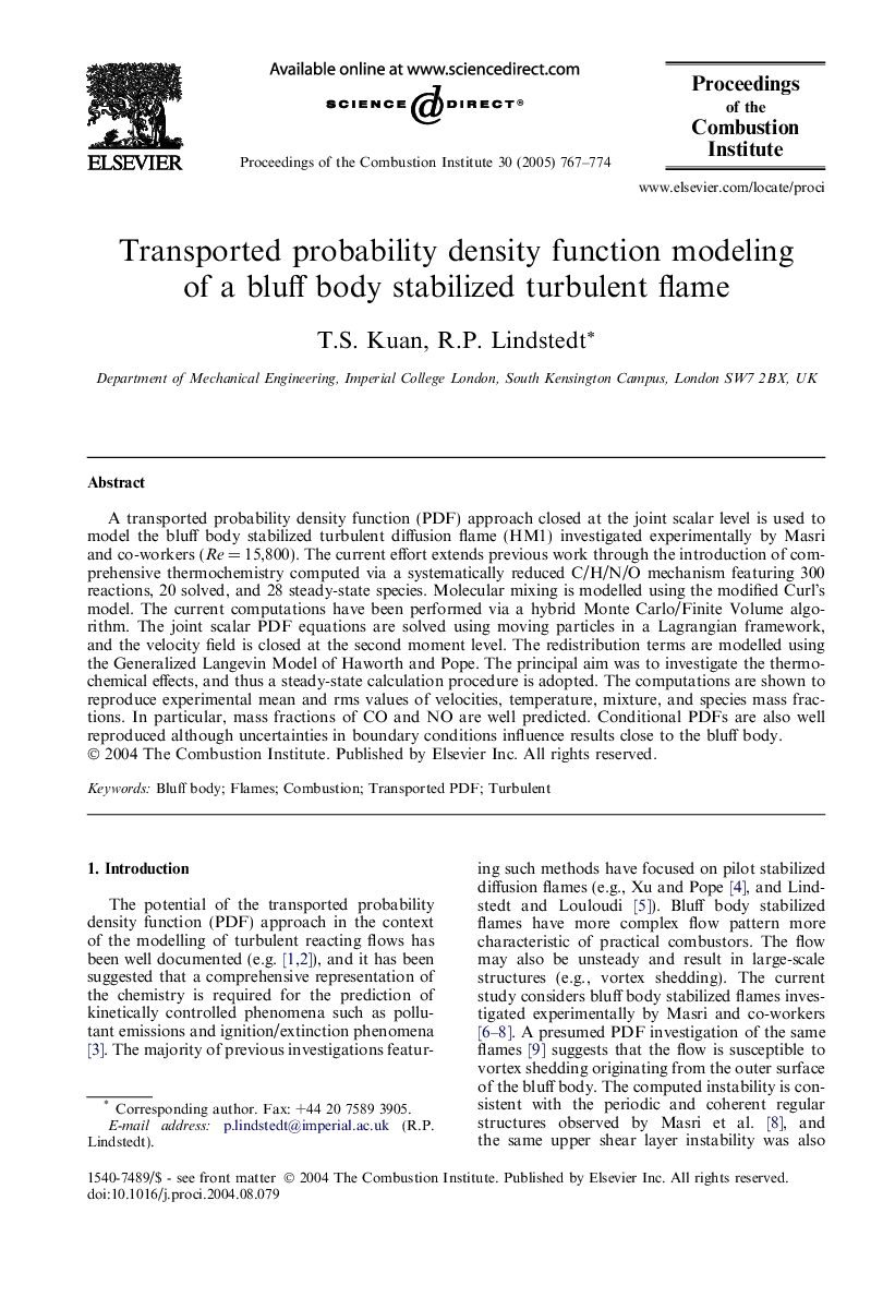 Transported probability density function modeling of a bluff body stabilized turbulent flame