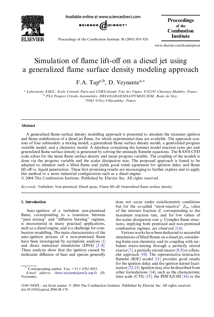 Simulation of flame lift-off on a diesel jet using a generalized flame surface density modeling approach