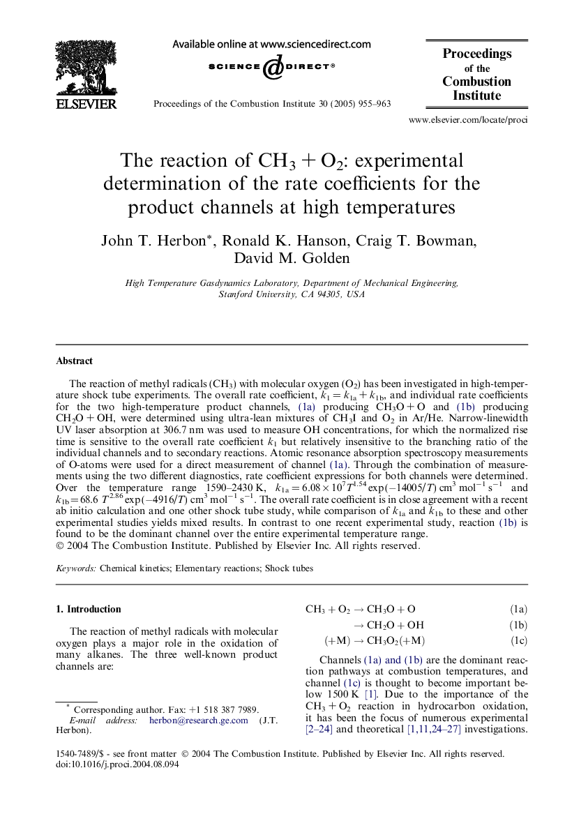 The reaction of CH3Â +Â O2: experimental determination of the rate coefficients for the product channels at high temperatures