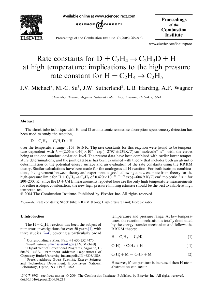 Rate constants for DÂ +Â C2H4Â âÂ C2H3DÂ +Â H at high temperature: implications to the high pressure rate constant for HÂ +Â C2H4Â âÂ C2H5