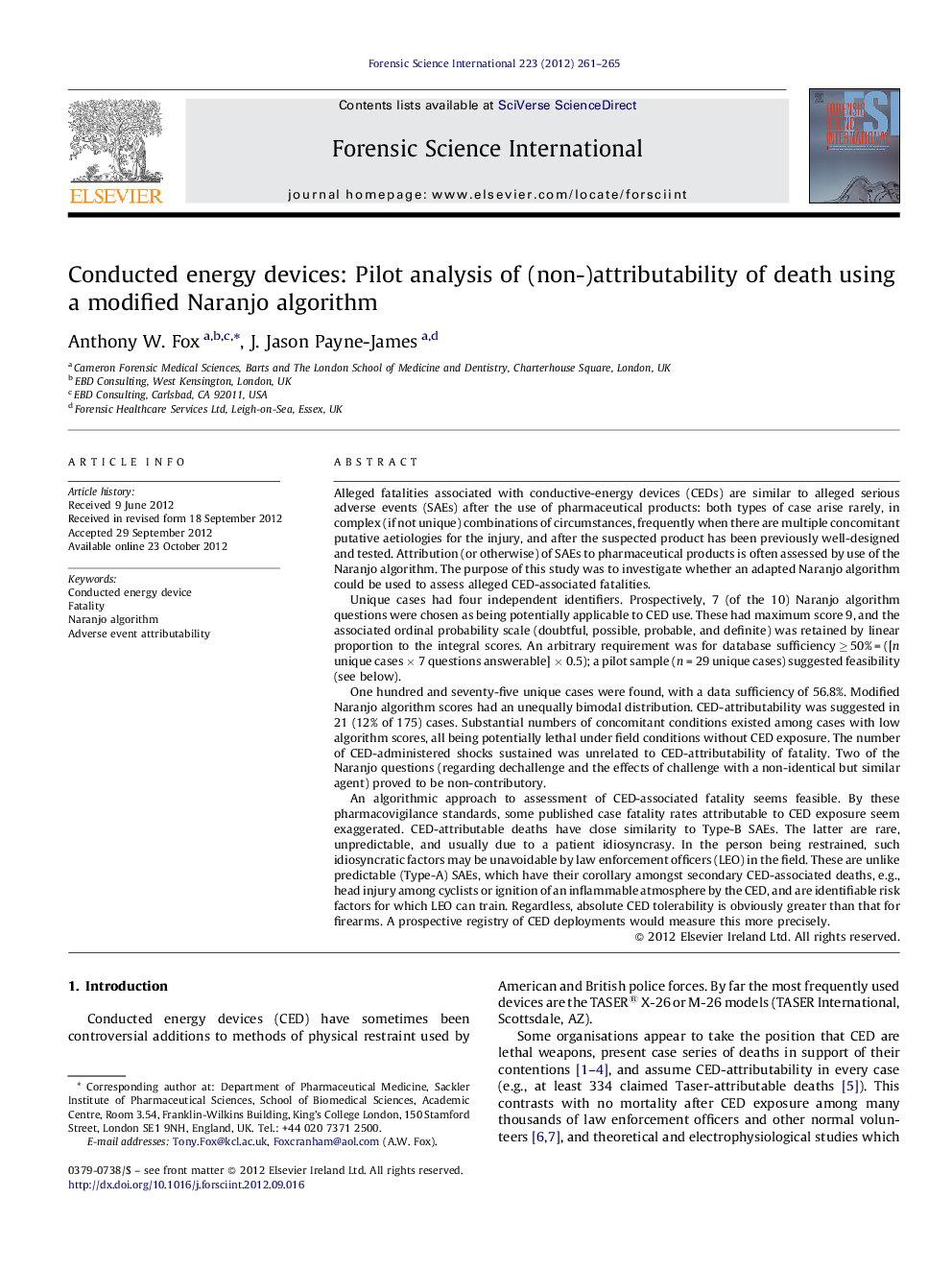 Conducted energy devices: Pilot analysis of (non-)attributability of death using a modified Naranjo algorithm