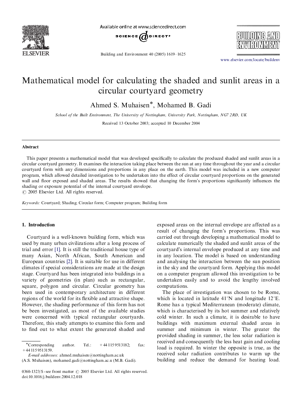 Mathematical model for calculating the shaded and sunlit areas in a circular courtyard geometry