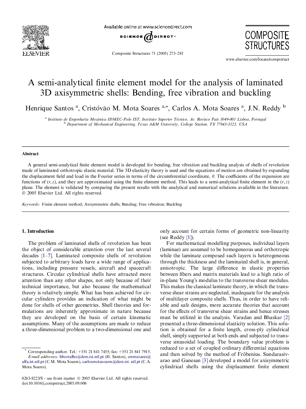 A semi-analytical finite element model for the analysis of laminated 3D axisymmetric shells: Bending, free vibration and buckling