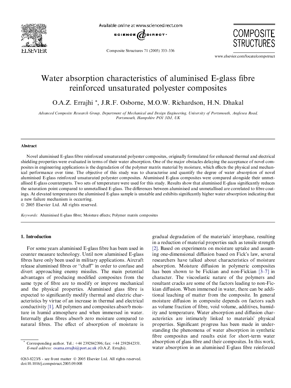 Water absorption characteristics of aluminised E-glass fibre reinforced unsaturated polyester composites