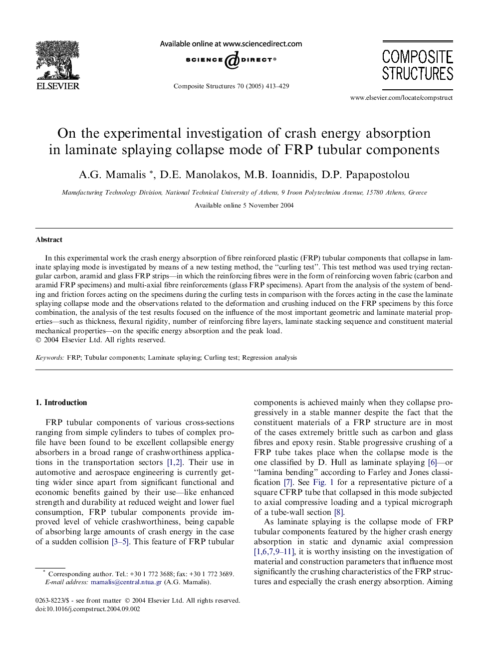 On the experimental investigation of crash energy absorption in laminate splaying collapse mode of FRP tubular components