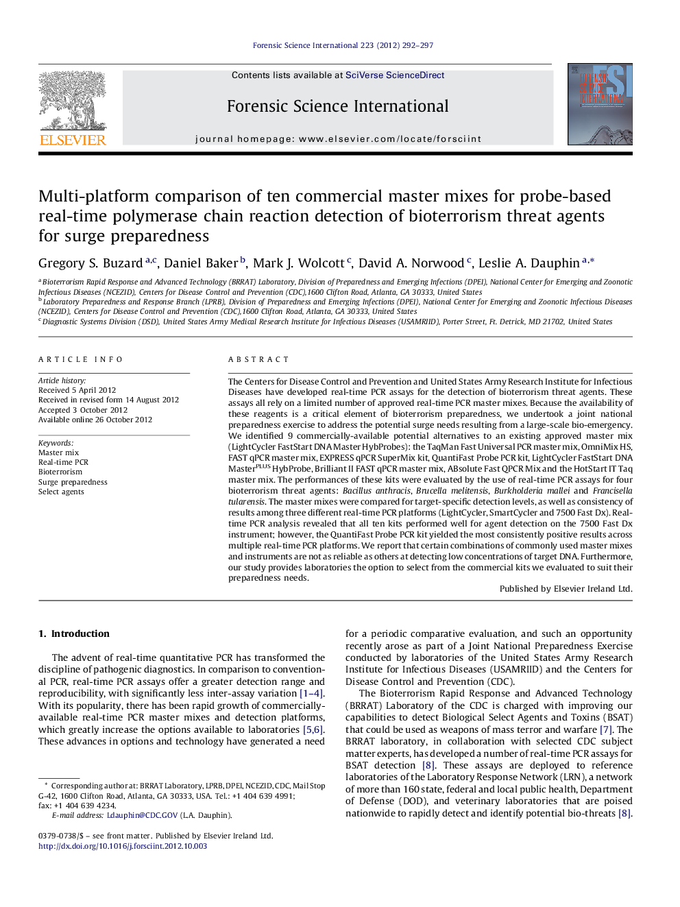 Multi-platform comparison of ten commercial master mixes for probe-based real-time polymerase chain reaction detection of bioterrorism threat agents for surge preparedness