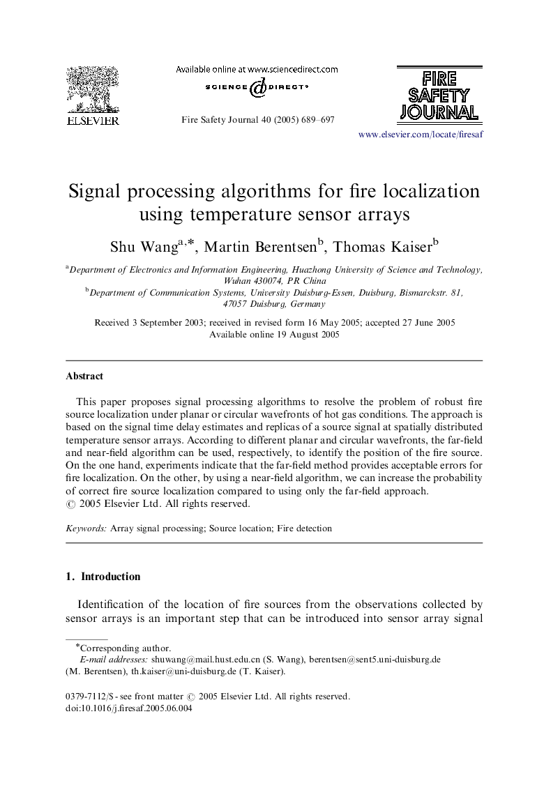 Signal processing algorithms for fire localization using temperature sensor arrays