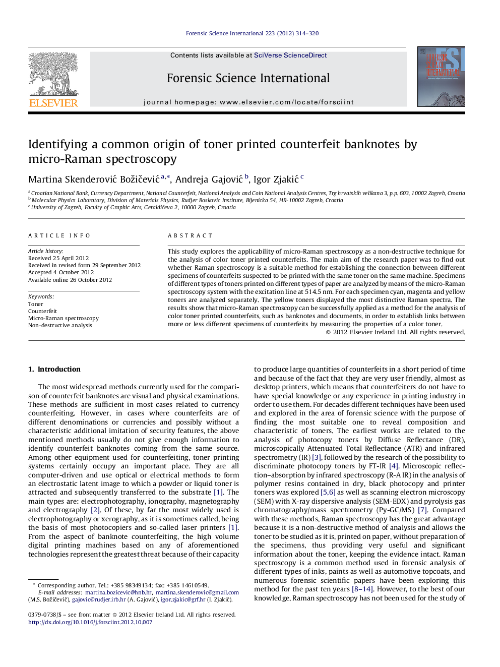 Identifying a common origin of toner printed counterfeit banknotes by micro-Raman spectroscopy