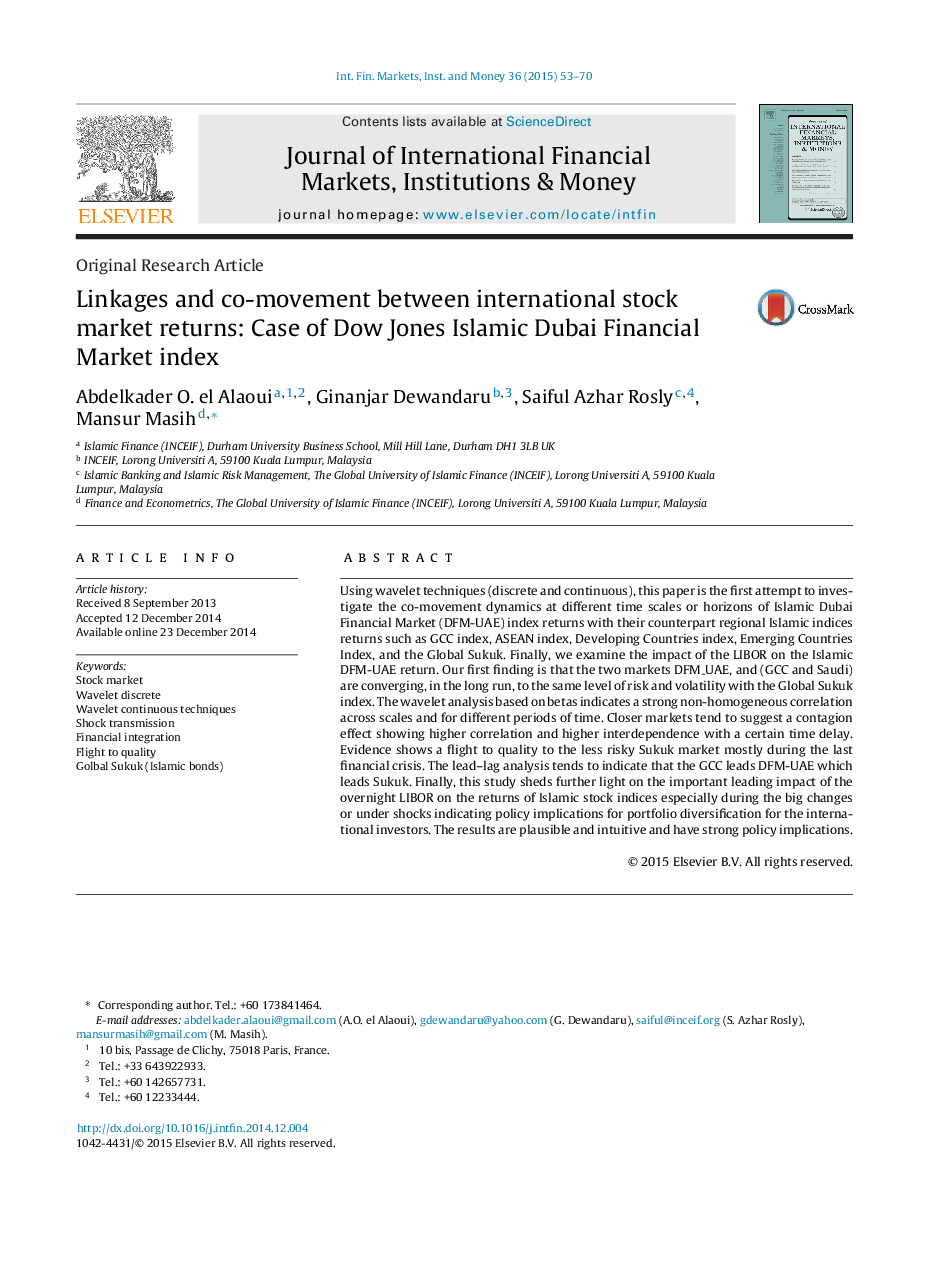 Linkages and co-movement between international stock market returns: Case of Dow Jones Islamic Dubai Financial Market index