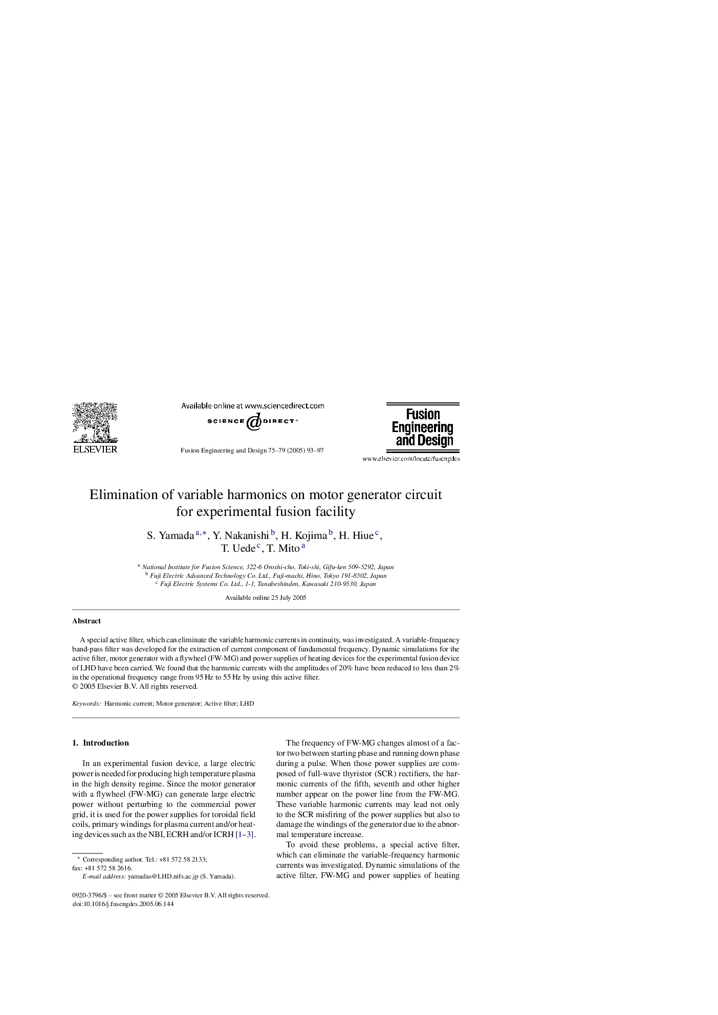 Elimination of variable harmonics on motor generator circuit for experimental fusion facility