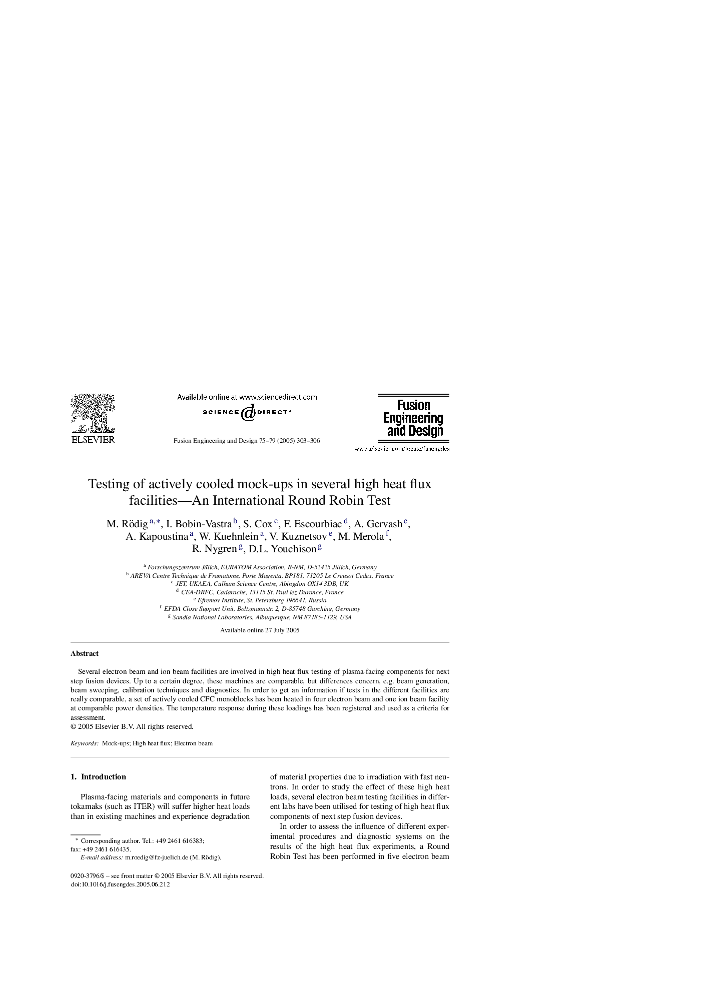 Testing of actively cooled mock-ups in several high heat flux facilities-An International Round Robin Test