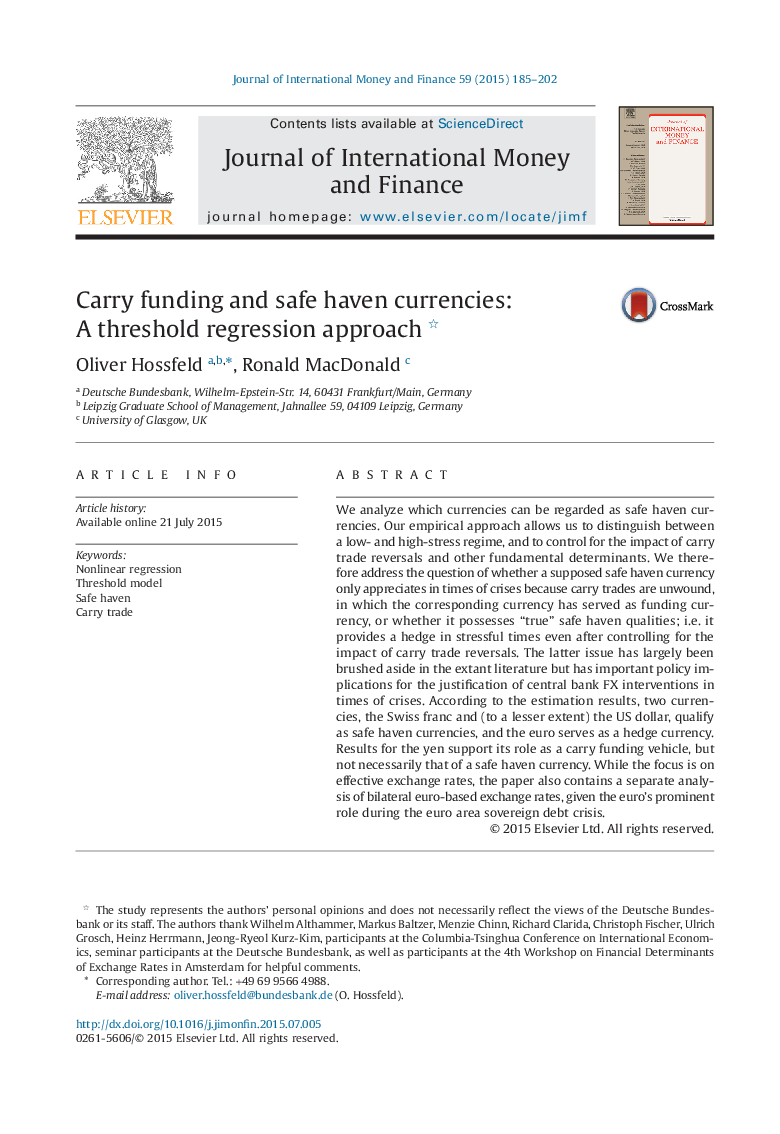 Carry funding and safe haven currencies: A threshold regression approach 