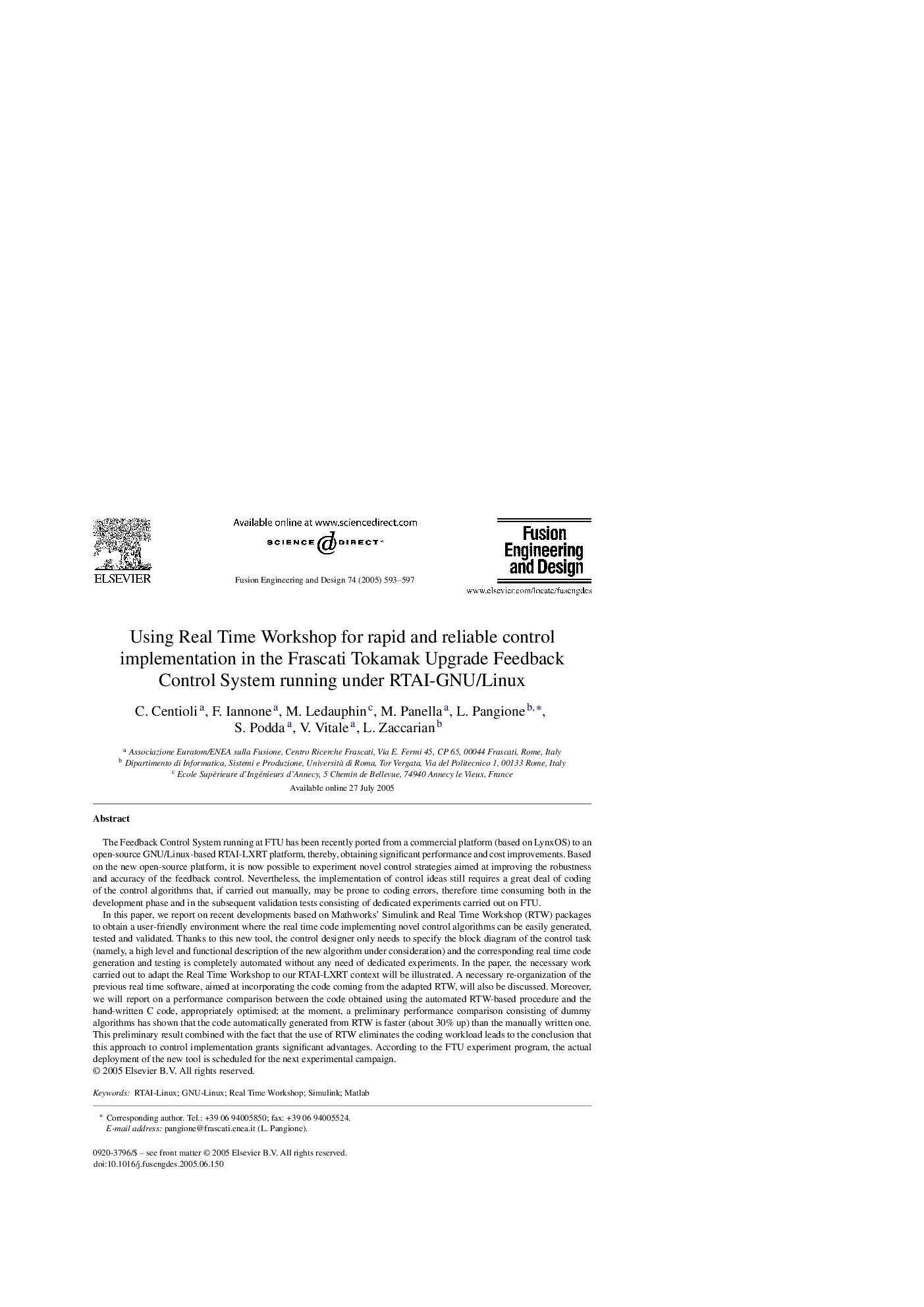 Using Real Time Workshop for rapid and reliable control implementation in the Frascati Tokamak Upgrade Feedback Control System running under RTAI-GNU/Linux