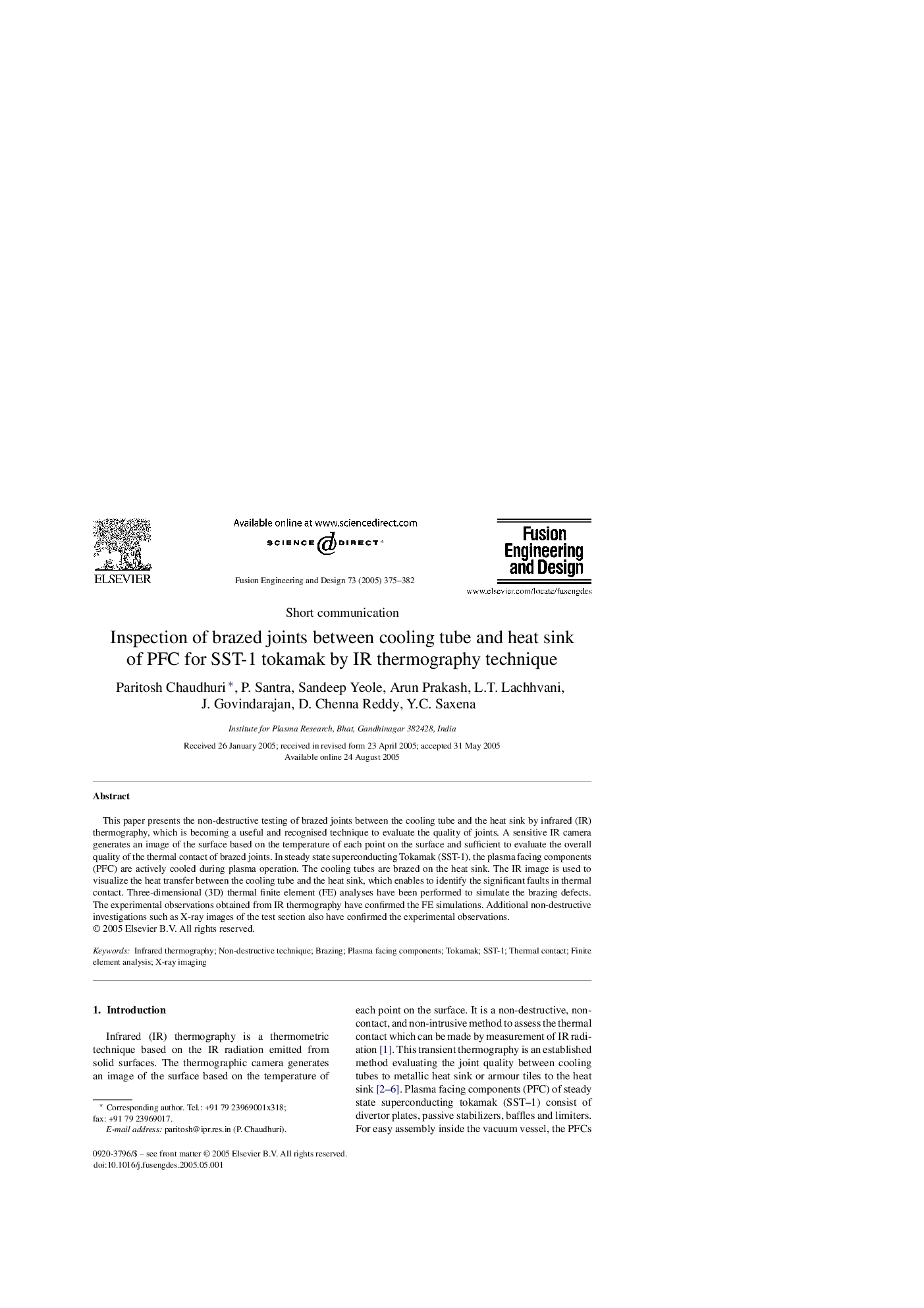 Inspection of brazed joints between cooling tube and heat sink of PFC for SST-1 tokamak by IR thermography technique