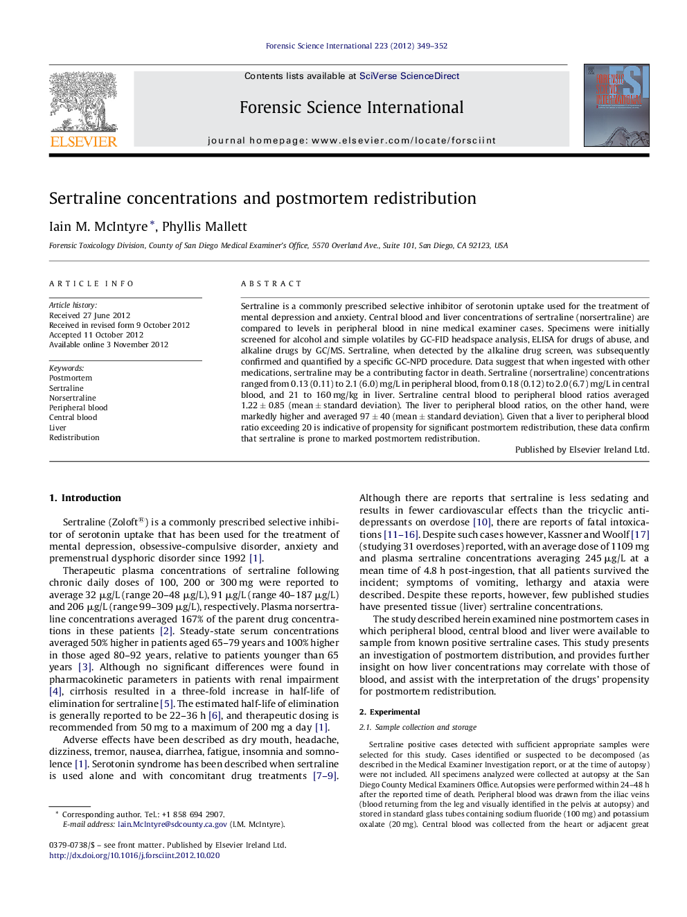 Sertraline concentrations and postmortem redistribution