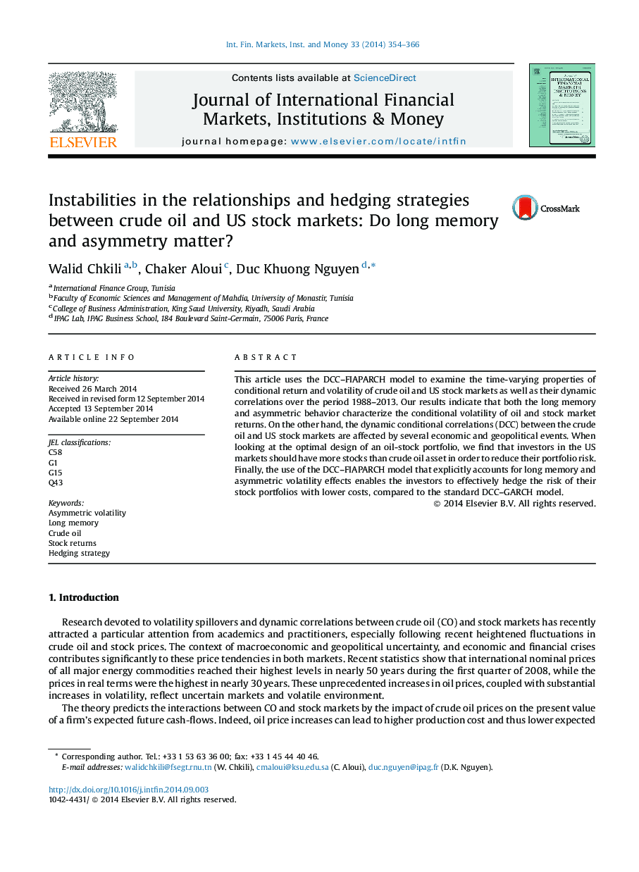 Instabilities in the relationships and hedging strategies between crude oil and US stock markets: Do long memory and asymmetry matter?