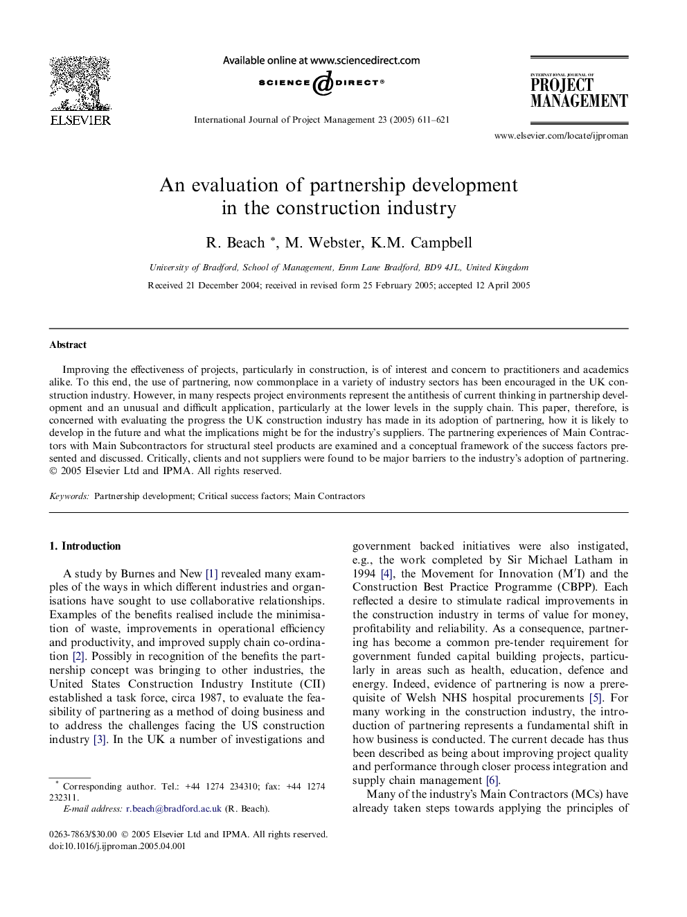 An evaluation of partnership development in the construction industry