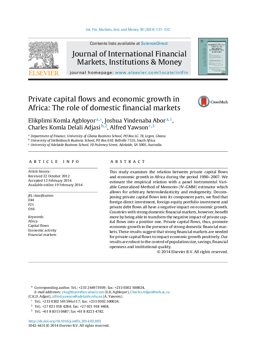 Private capital flows and economic growth in Africa: The role of domestic financial markets