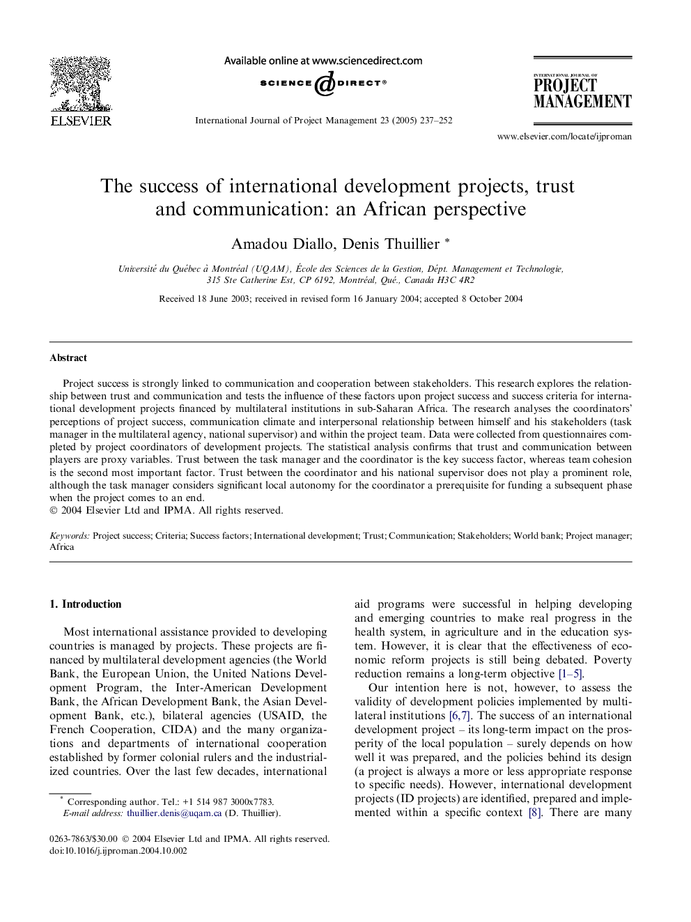 The success of international development projects, trust and communication: an African perspective