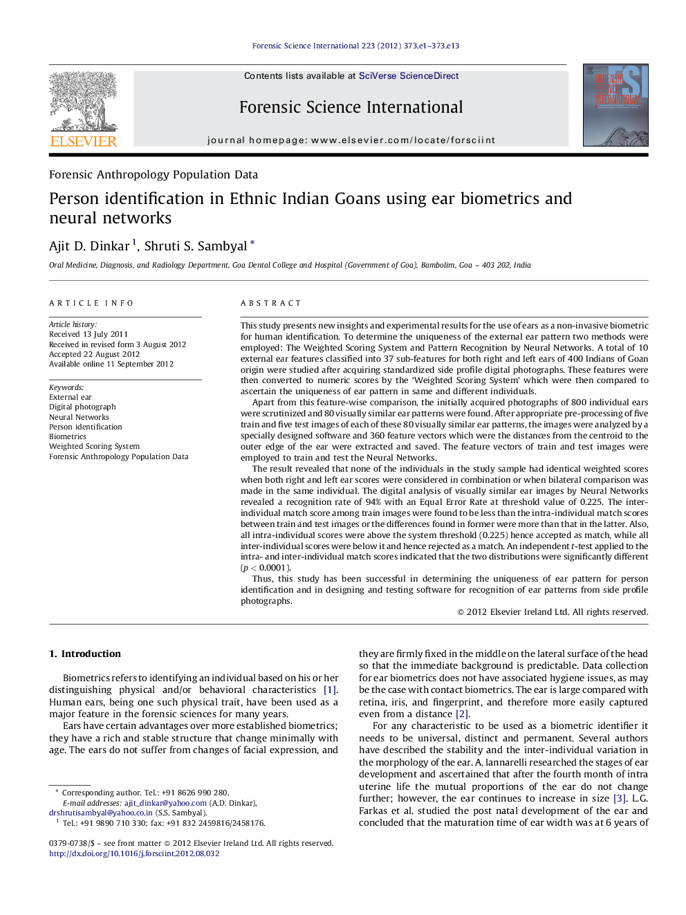 Person identification in Ethnic Indian Goans using ear biometrics and neural networks