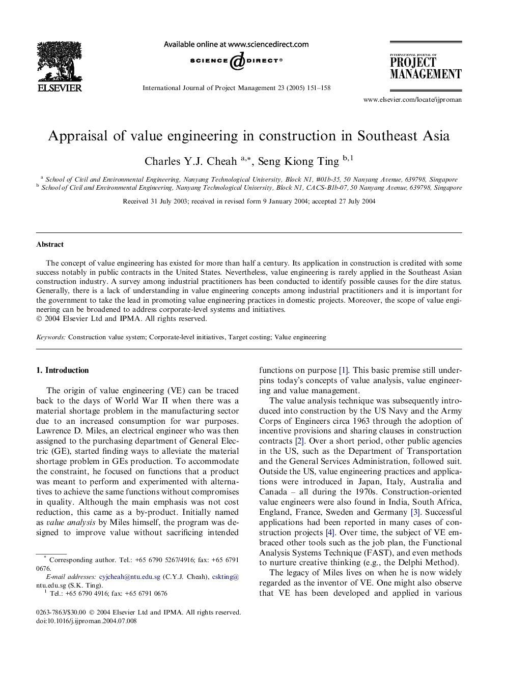 Appraisal of value engineering in construction in Southeast Asia