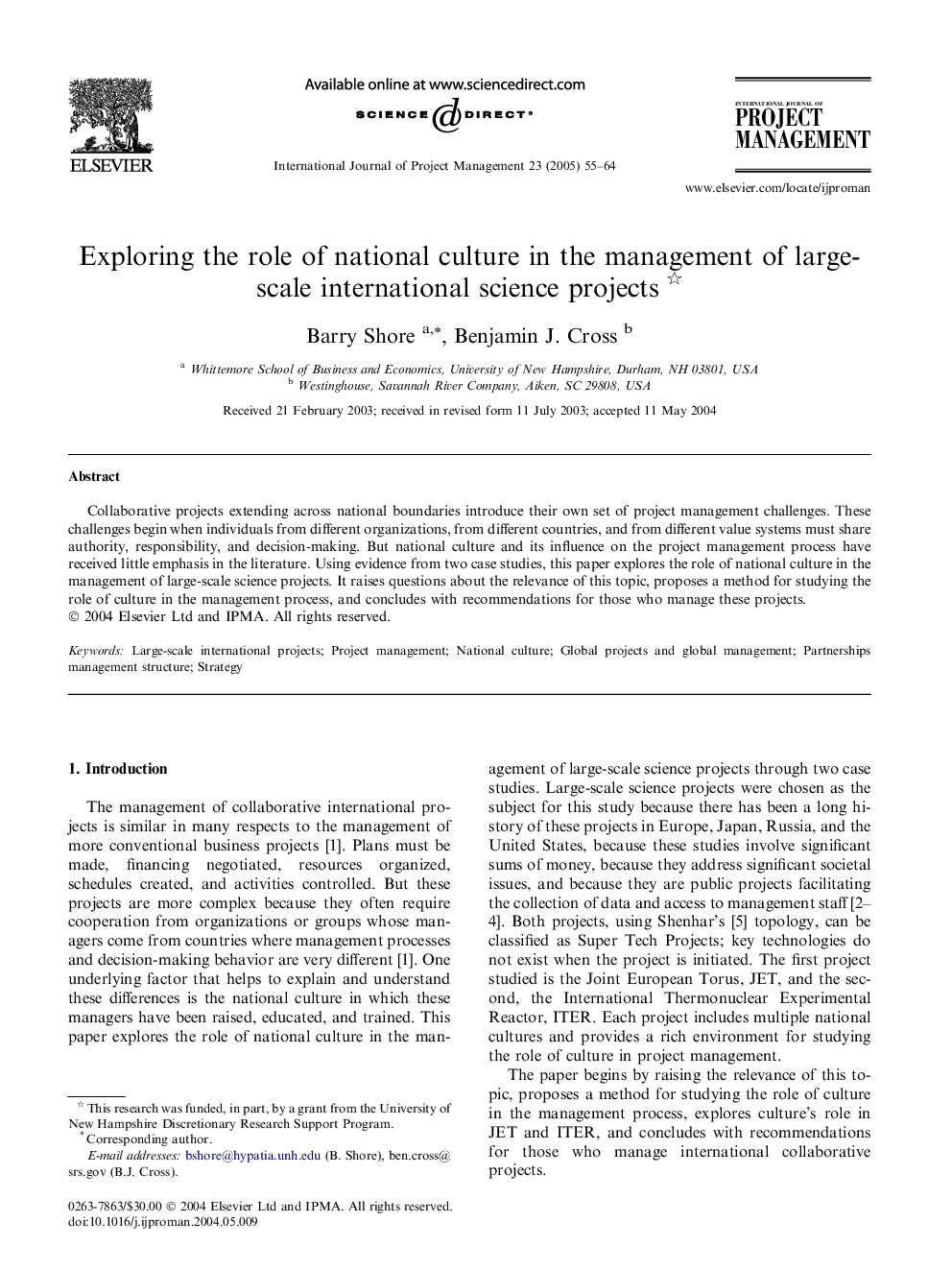 Exploring the role of national culture in the management of large-scale international science projects