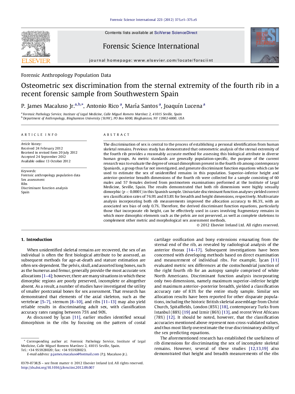 Osteometric sex discrimination from the sternal extremity of the fourth rib in a recent forensic sample from Southwestern Spain